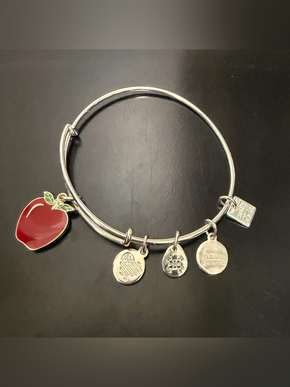 Alex and Ani Red Apple Teacher Charm Expandable Bangle Bracelet Silver Tone